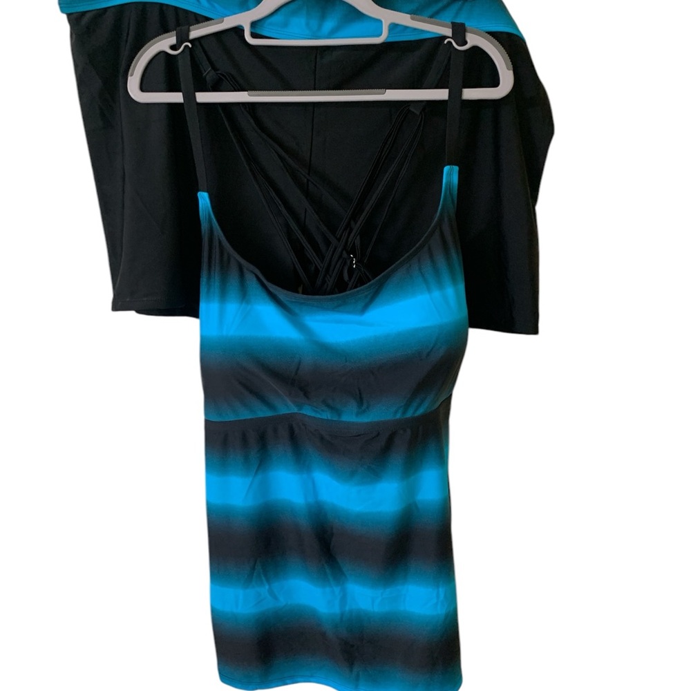 Blue and Black Striped Tank Top with matching shorts to swim